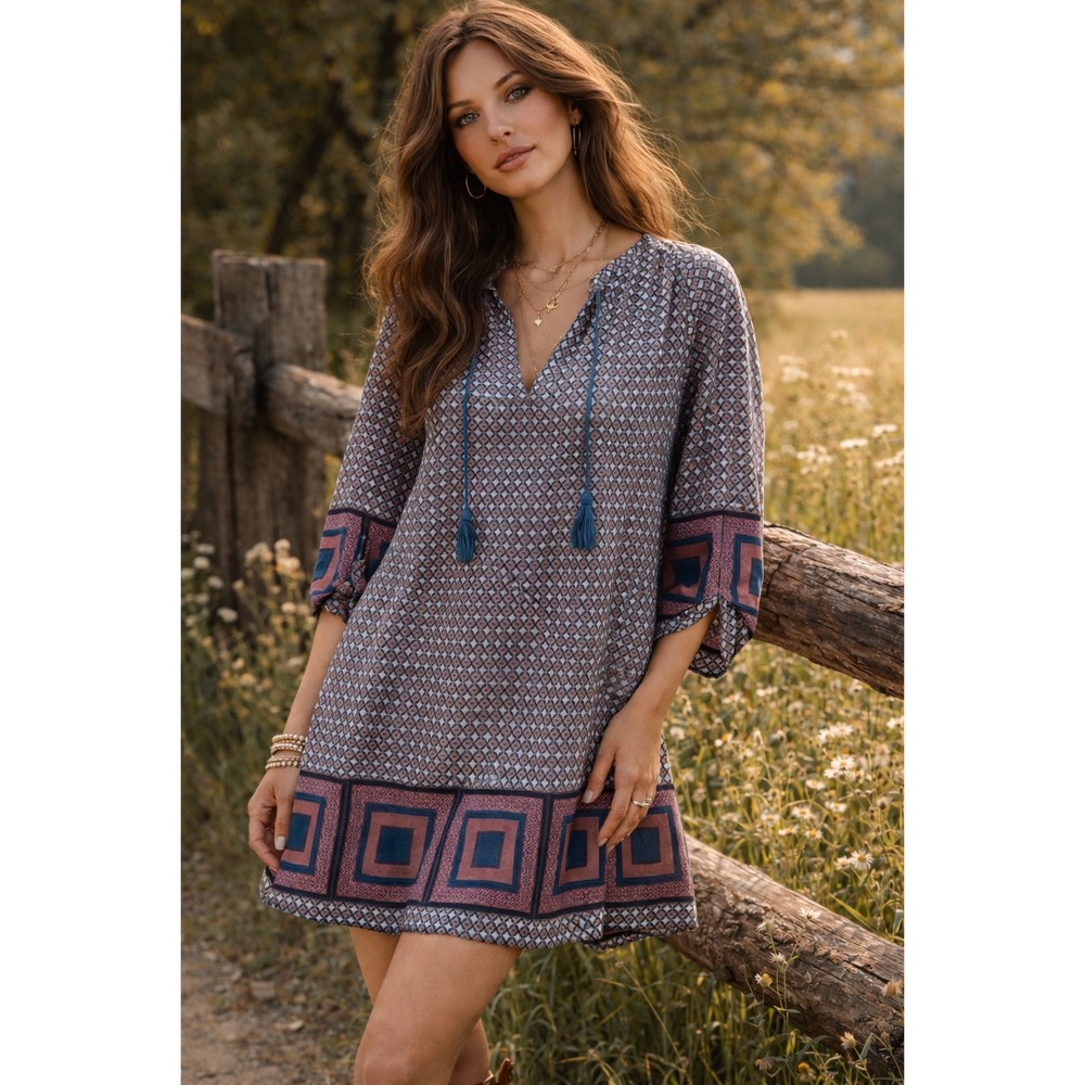 Peppermint USA Geometric Print V Neck Tassel Sleeve Dress Women Size L Boho